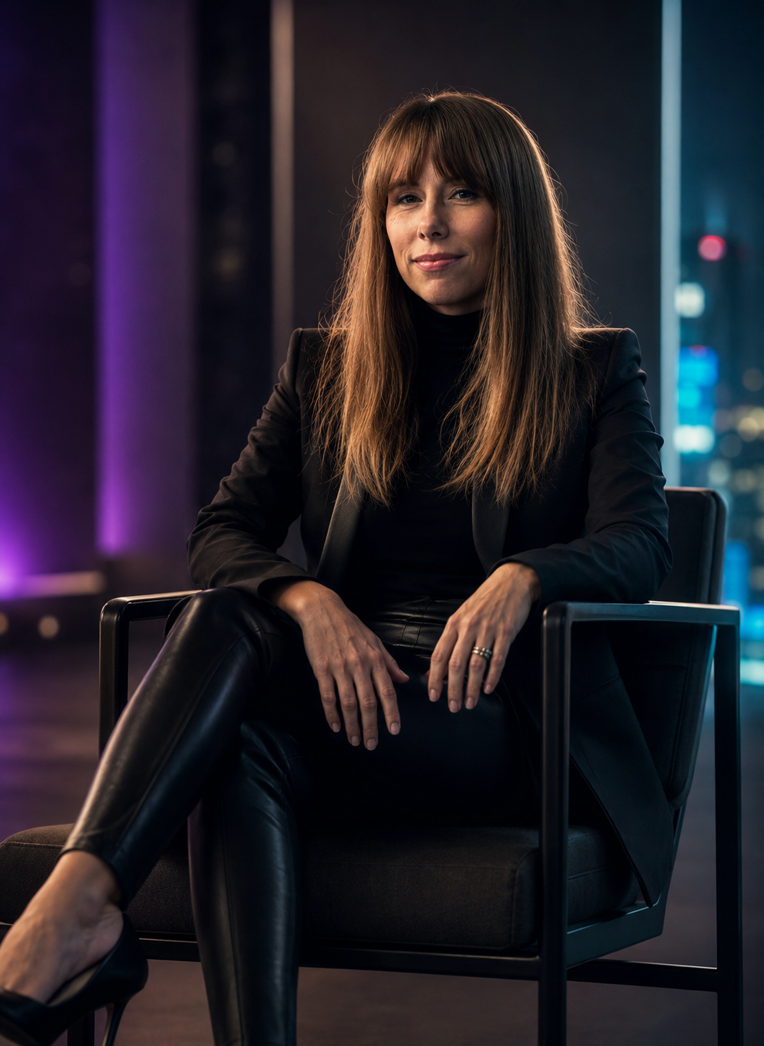 Melanie Dunn — seated with city backdrop